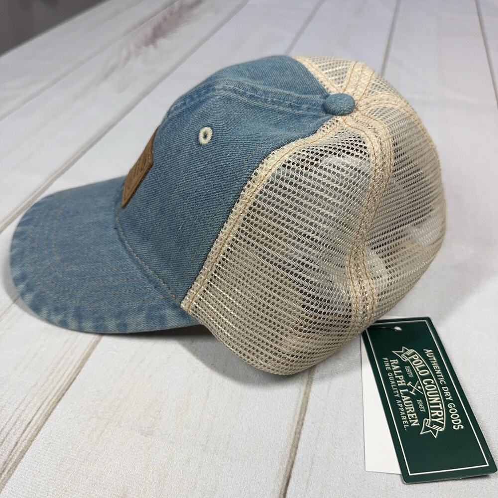 Polo Country Denim Leather Patch Trucker Hat Mens Blue Mesh Cap Ralph Lauren - Picture 5 of 14